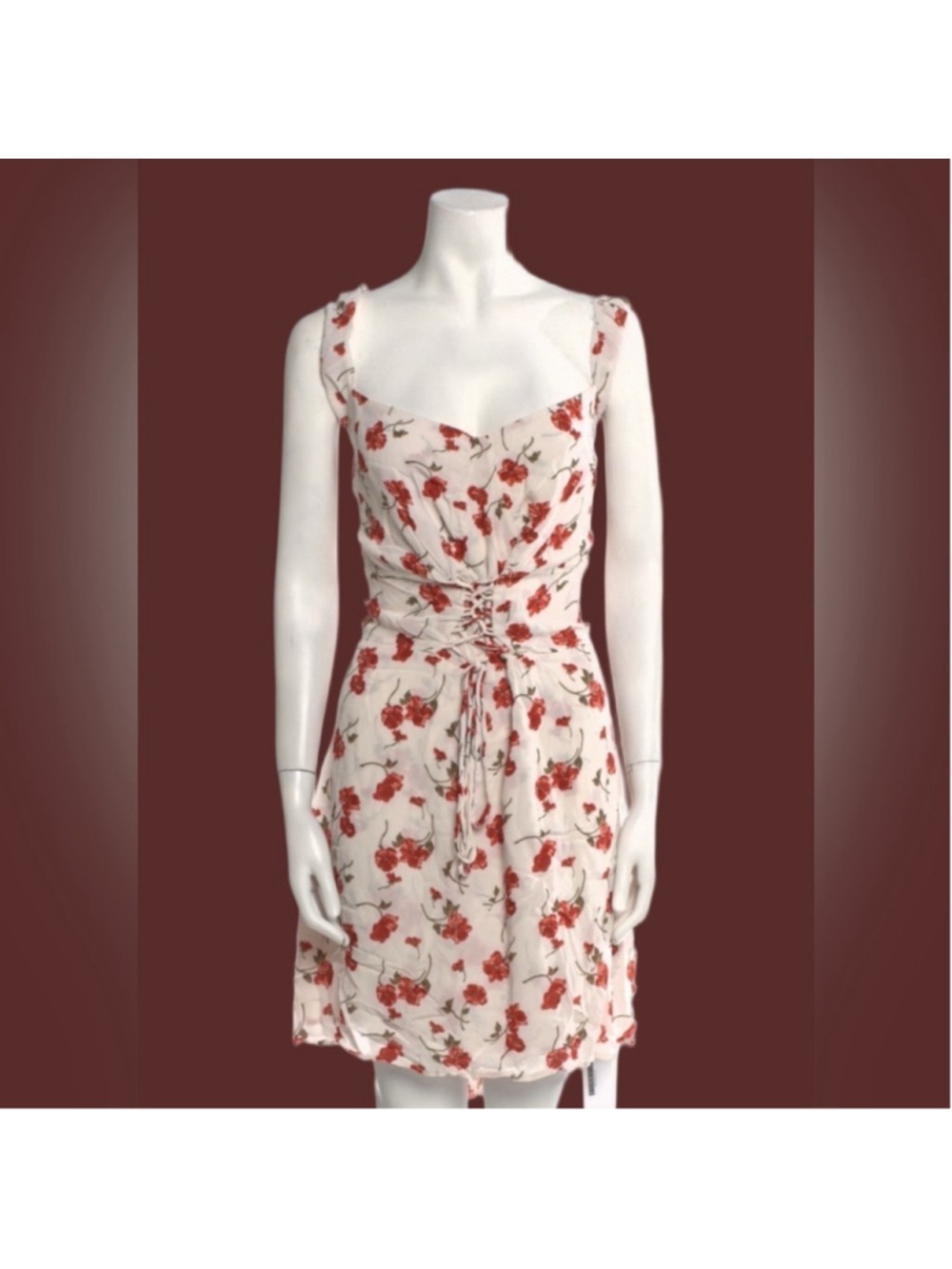 🌹 Reformation Jess Jubilee Dress | Size 22 Red Floral Lace Up Corset Mini Plus - Picture 7 of 7